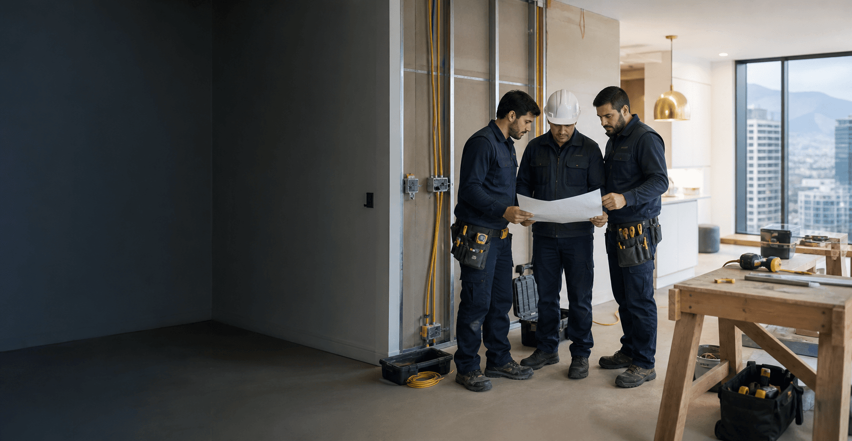Equipo técnico trabajando en una remodelación profesional